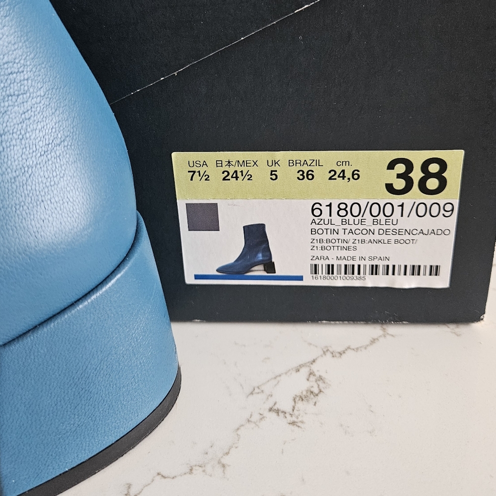 Zara LEATHER MID-HEEL ANKLE BOOTS US 7.5 EUR 38 BLUE - Picture 5 of 11